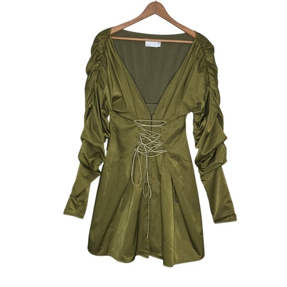 ASOS Design US 6 UK 10 Green Long Sleeve Ruched Corset Lace Up A-Line Mini Dress - Picture 2 of 5